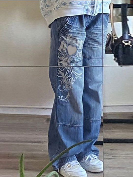 Damen Weit geschnittene Jeans mit einzigartigem Design und prominentem Druck Heidi-Mode