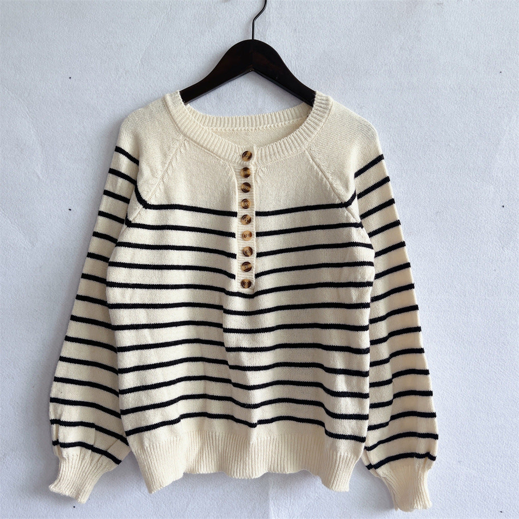 Damen gestreifter Strickpullover mit Knopfdetails und lässigem Schnitt Heidi-Mode
