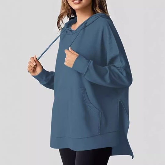 Damen lässiger Kapuzenpulli mit seitlichen Schlitzen und Kängurutasche Heidi-Mode