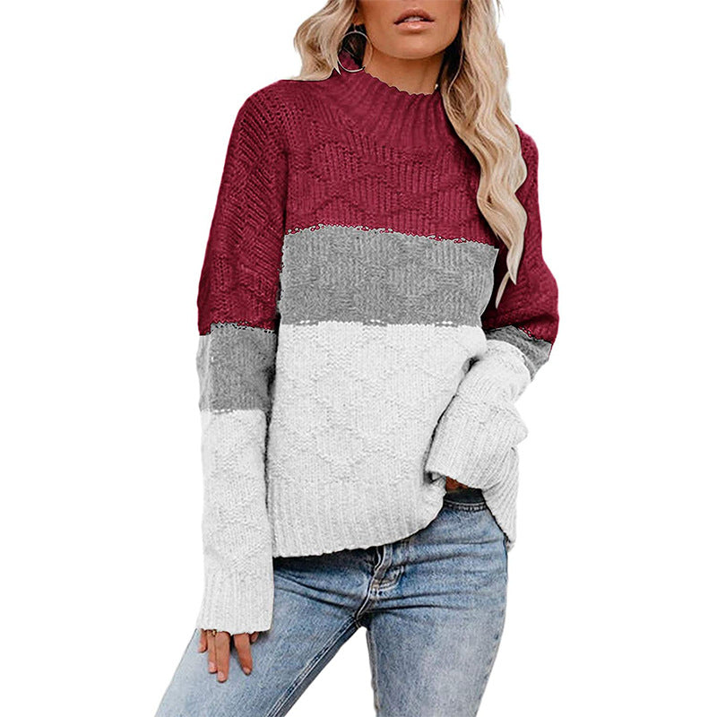 Damen farbenfroher Strickpullover mit strukturiertem Muster und hohem Kragen Heidi-Mode