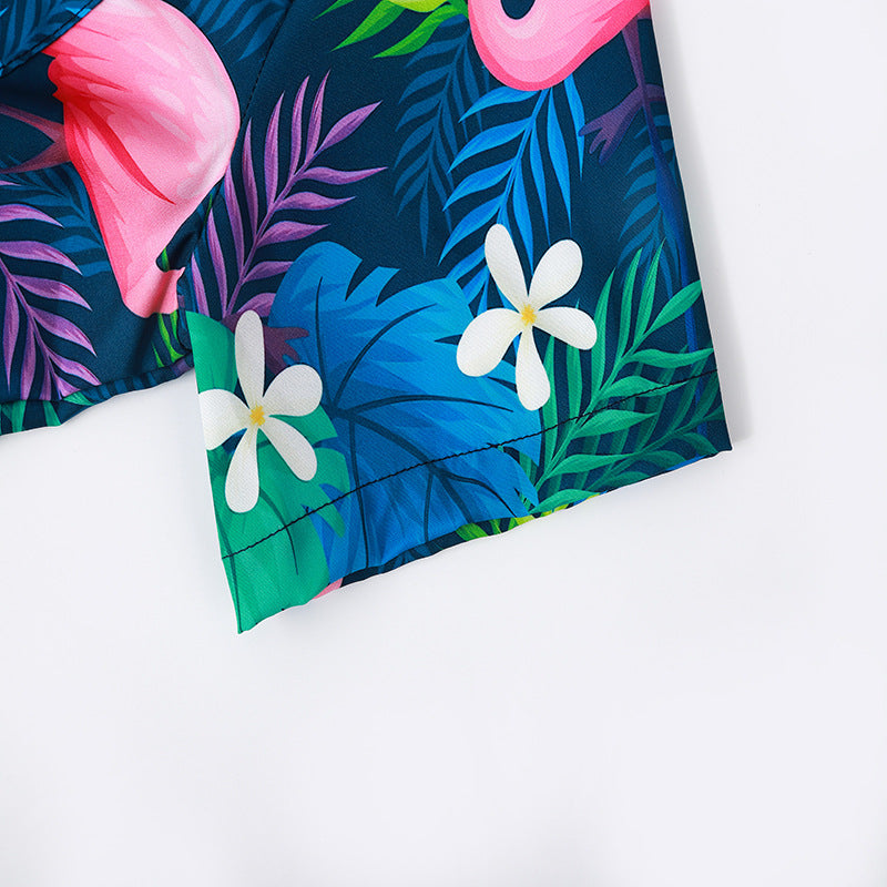 Herren Kurzarmhemd mit lebendigem Flamingo-Muster und atmungsaktiver Baumwolle Heidi-Mode