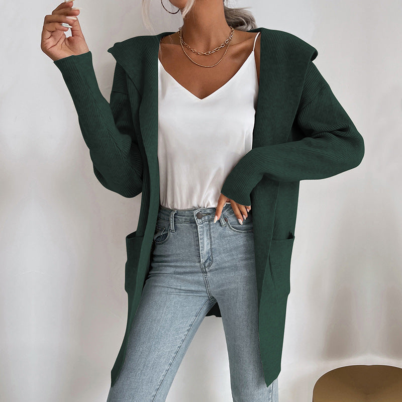 Damen Langärmlige Strickjacke mit Kapuze und seitlichen Taschen Heidi-Mode