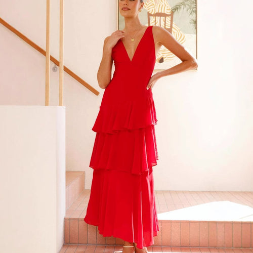 Damen Maxi-Kleid mit eleganten Volants und tiefem V-Ausschnitt Heidi-Mode