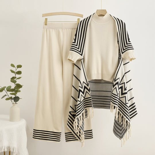 Damen elegantes Strick-Kombinationsset mit hochgeschlossenem Oberteil und weiten Hosen Heidi-Mode