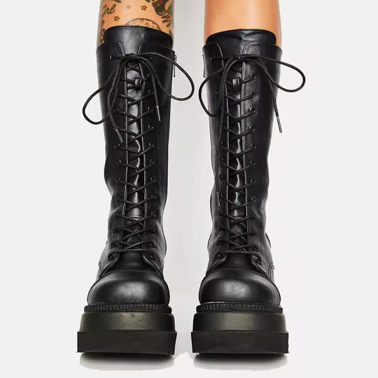 Damen Hochwertige Schnürstiefel mit Plateauabsatz und seitlichem Reißverschluss Heidi-Mode