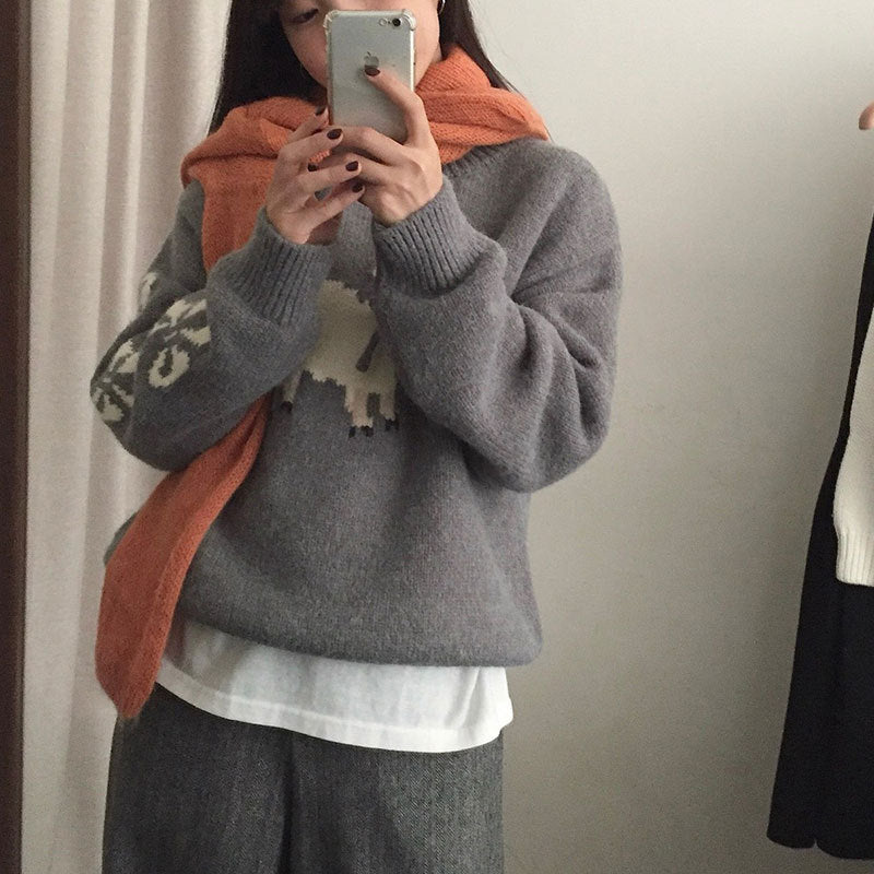 Damen kuscheliger Strickpullover mit aufwendigem Tiermotiv Heidi-Mode