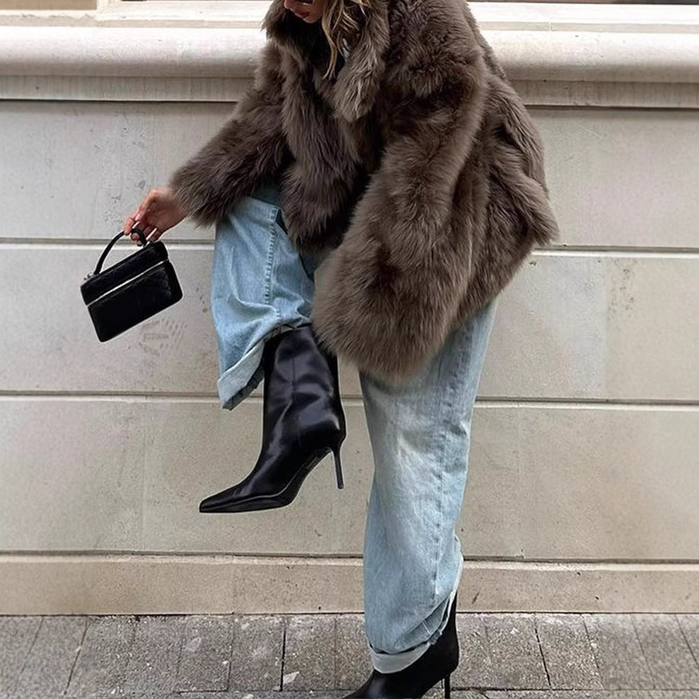 Damen Pelzjacke im modernen Oversize-Stil mit gemütlichem Kragen Heidi-Mode