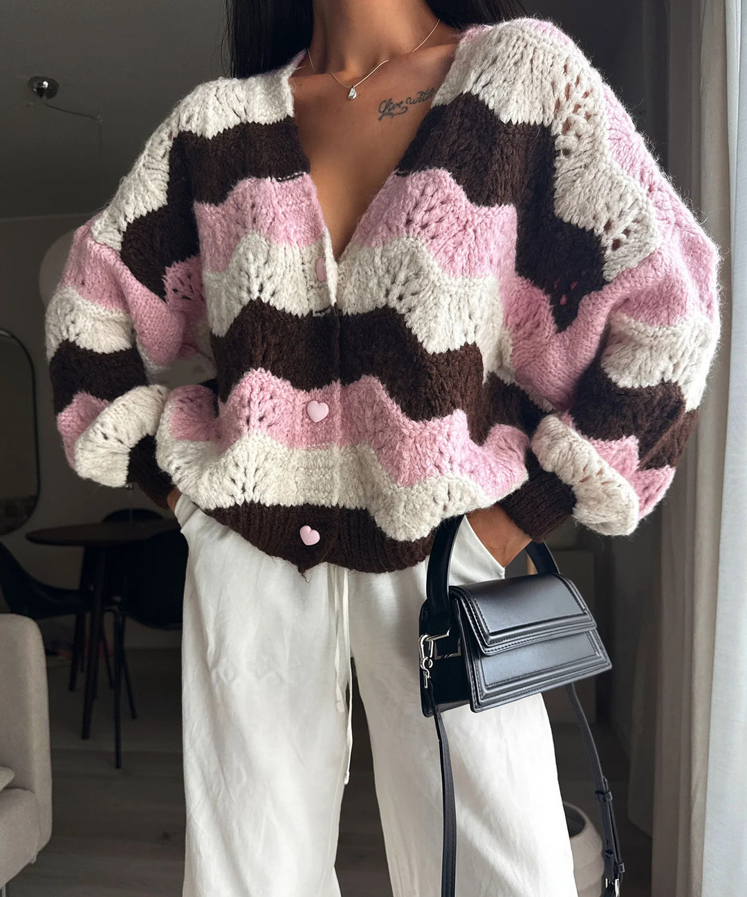 Damen gemütlicher Strickcardigan mit Wellenmuster Heidi-Mode