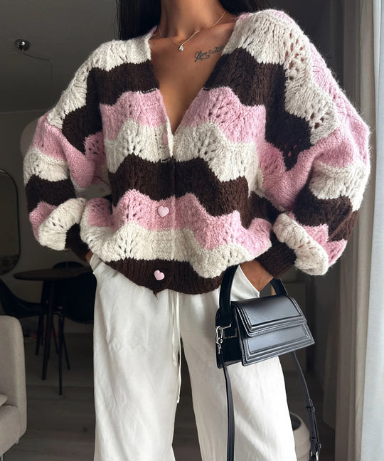 Damen gemütlicher Strickcardigan mit Wellenmuster Heidi-Mode