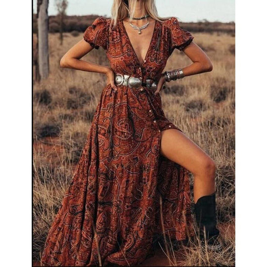 Heidi-Mode | Damen Kurzarm Paisleymuster Knopf Maxikleid