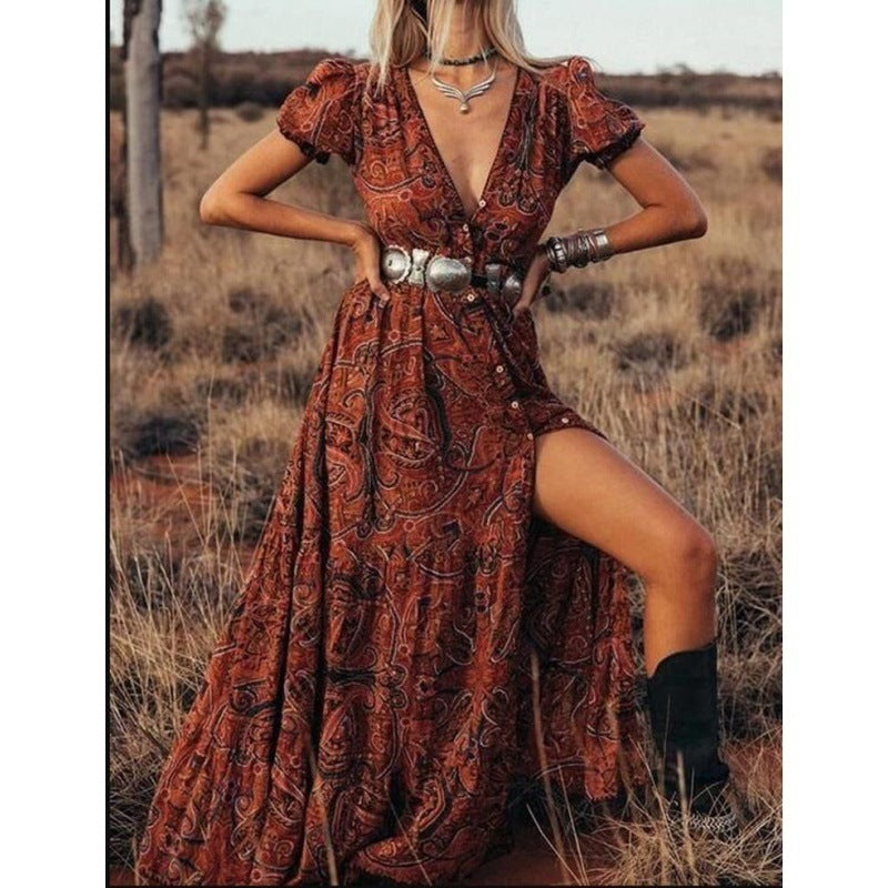 Heidi-Mode | Damen Kurzarm Paisleymuster Knopf Maxikleid