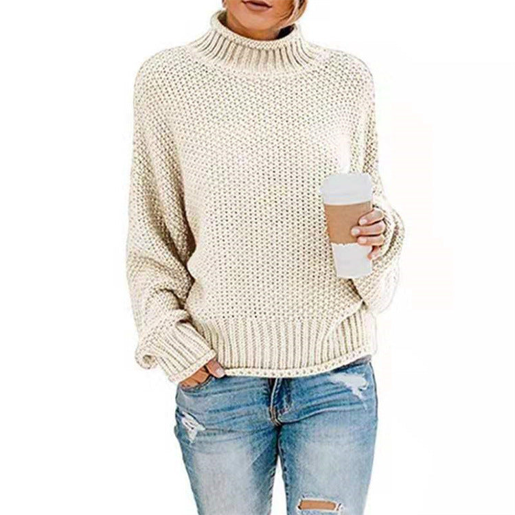 Damen lässiger Strickpullover mit hohem Kragen und strukturierter Oberfläche Heidi-Mode