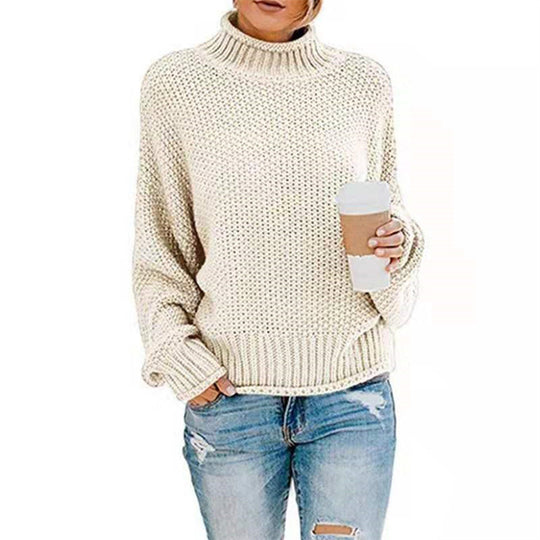 Damen lässiger Strickpullover mit hohem Kragen und strukturierter Oberfläche Heidi-Mode