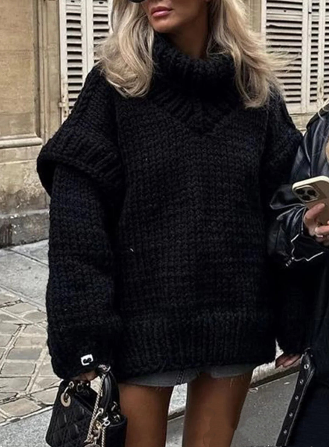 Damen Lockerer Strickpullover mit voluminösen Ärmeln und hohem Kragen Heidi-Mode