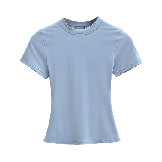 Damen Kurzarm T-Shirt mit hochgeschlossenem Kragen und figurbetontem Schnitt Heidi-Mode