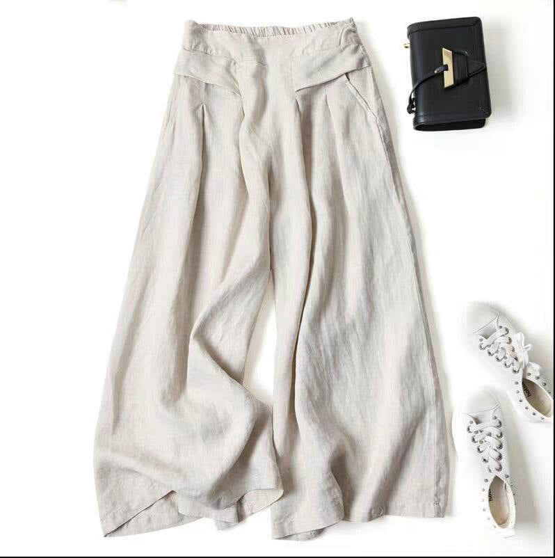 Damen Weit geschnittene Leinenhose mit hohem Bund und eleganten Falten Heidi-Mode