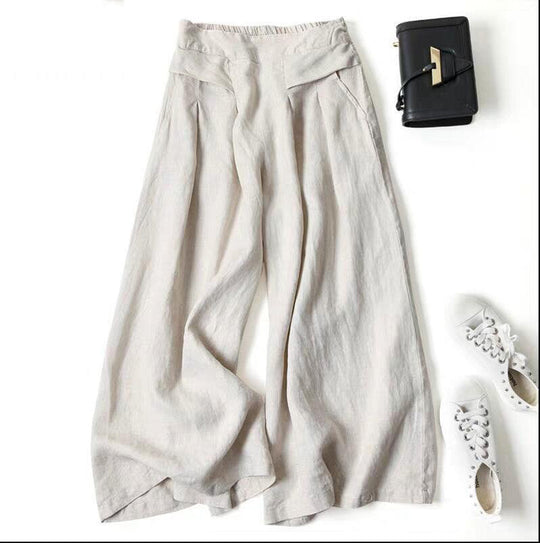 Damen Weit geschnittene Leinenhose mit hohem Bund und eleganten Falten Heidi-Mode