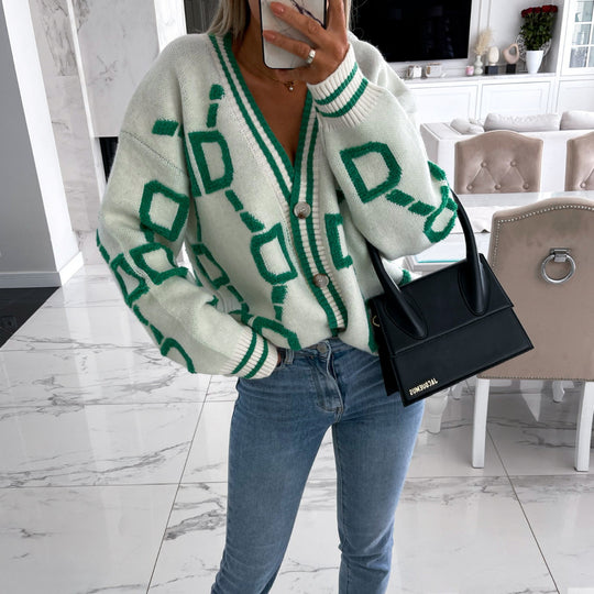 Damen lässiger Strickcardigan mit geometrischem Muster und Knopfverschluss Heidi-Mode