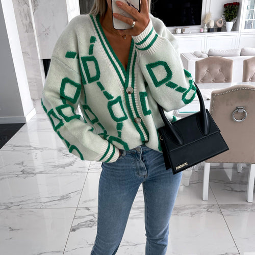 Damen lässiger Strickcardigan mit geometrischem Muster und Knopfverschluss Heidi-Mode