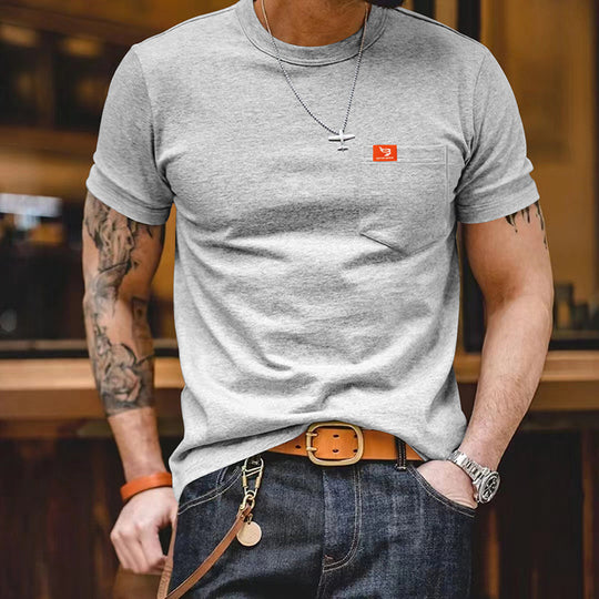 Herren klassisches Kurzarm T-Shirt mit Brusttasche aus hochwertiger Baumwolle Heidi-Mode