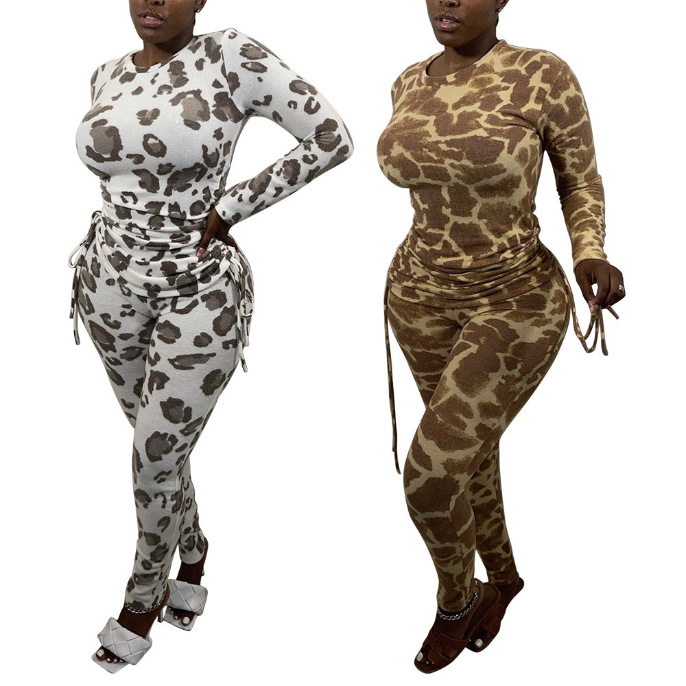 Damen sportliches Ensemble mit gerafftem Design und tierischem Muster Heidi-Mode