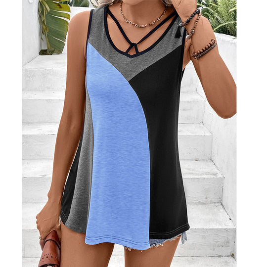 Damen ärmelloses Colorblock Oberteil mit modischem V-Ausschnitt Heidi-Mode