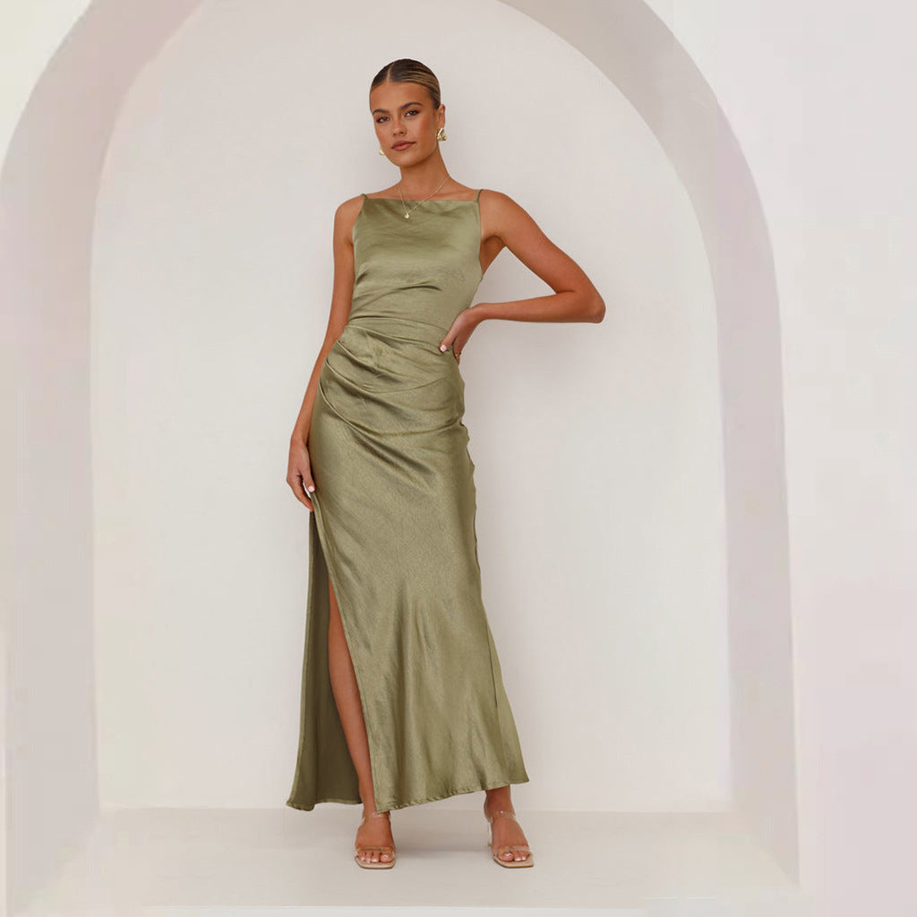 Damen schickes Maxikleid mit elegantem Schlitz und luxuriösem Satin-Finish Heidi-Mode