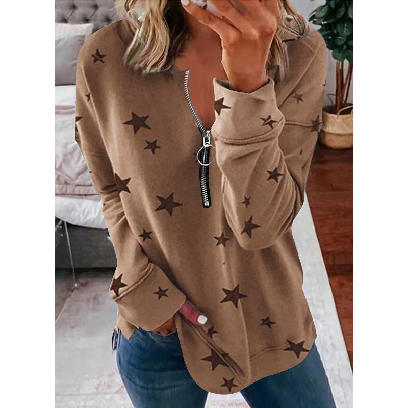 Damen Lässiger Sweatshirt mit Reißverschluss und Sternenmotiv Heidi-Mode