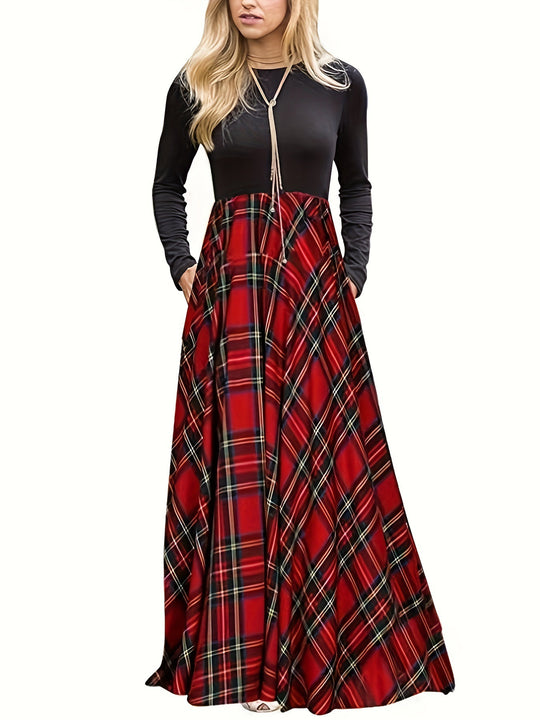 Damen Maxikleid mit modernem Karomuster und langen Ärmeln Heidi-Mode