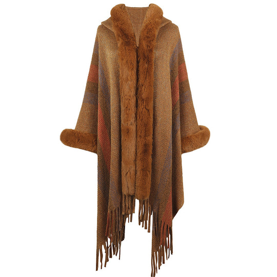 Damen modischer Poncho mit luxuriösem Kunstfellkragen und Fransen Heidi-Mode