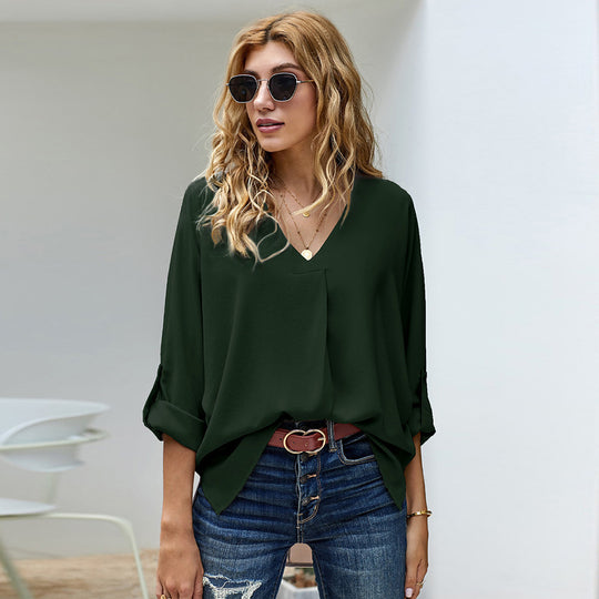 Damen Bluse mit V-Ausschnitt und lässigen langen Ärmeln Heidi-Mode