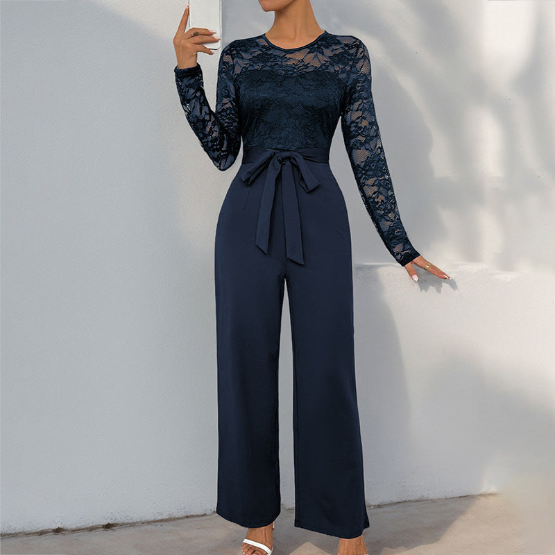 Damen Eleganter Jumpsuit mit Spitzenoberteil und tailliertem Bund Heidi-Mode