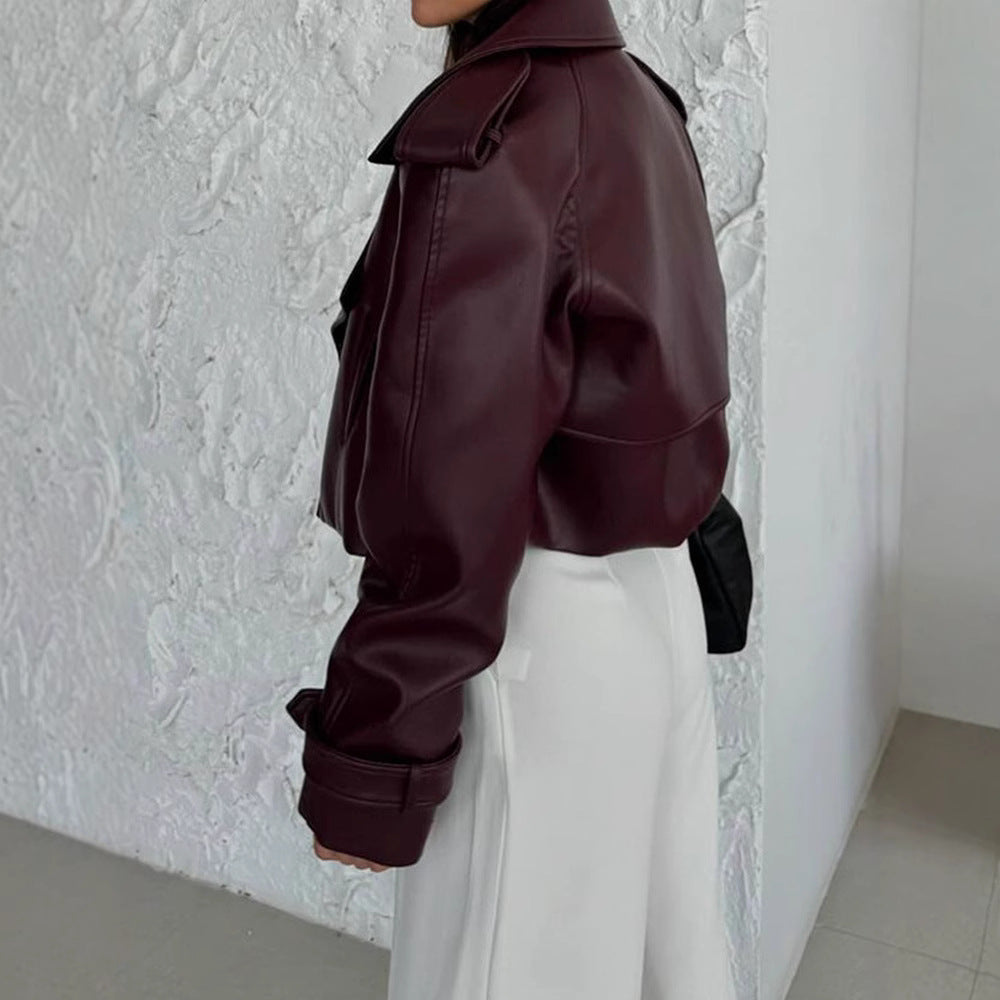 Damen Kunstlederjacke im modischen Biker-Stil mit breitem Revers Heidi-Mode