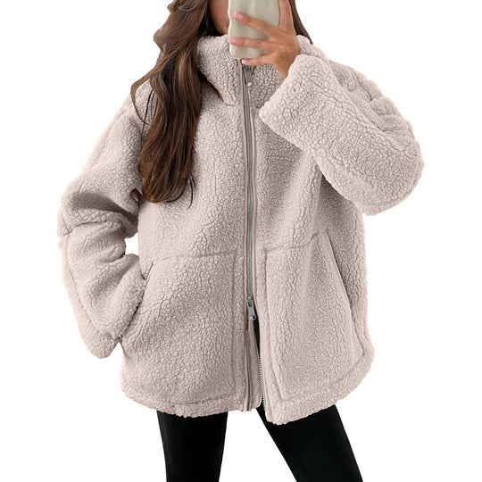 Damen Kuschelige Teddy-Jacke mit Reißverschluss Heidi-Mode