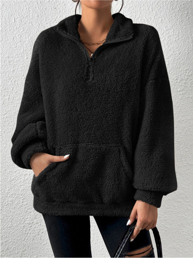 Damen Kuscheliger Fleece-Pullover mit Stehkragen und Eingrifftaschen Heidi-Mode