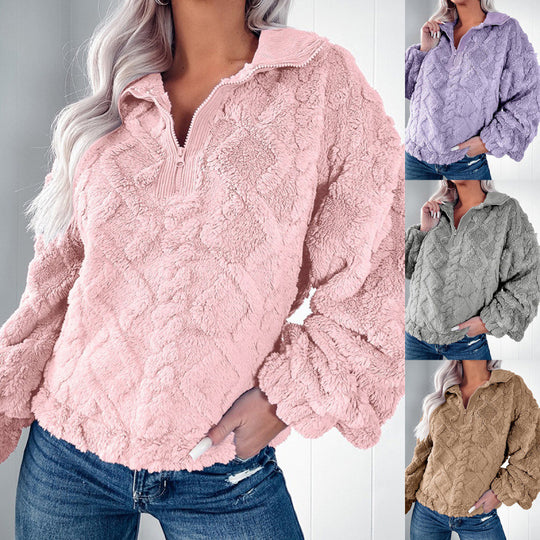 Damen Kuscheliger Fleece-Pullover mit hohem Kragen und Halb-Reißverschluss Heidi-Mode