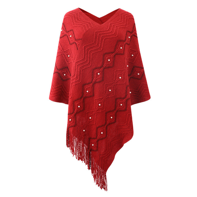 Damen eleganter Poncho mit auffälligem Strukturmuster und dekorativen Fransen Heidi-Mode
