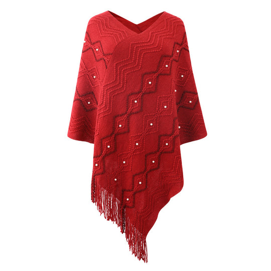 Damen eleganter Poncho mit auffälligem Strukturmuster und dekorativen Fransen Heidi-Mode