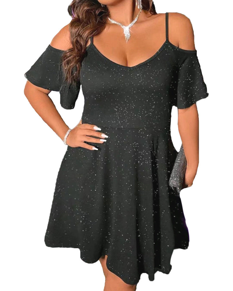 Damen luftiges Abendkleid mit offenen Schultern und glitzerndem Effekt Heidi-Mode