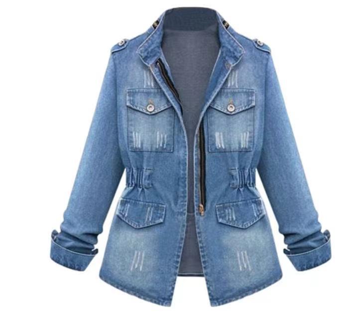 Damen Denim-Jacke mit praktischen aufgesetzten Taschen und Kordelzug Heidi-Mode