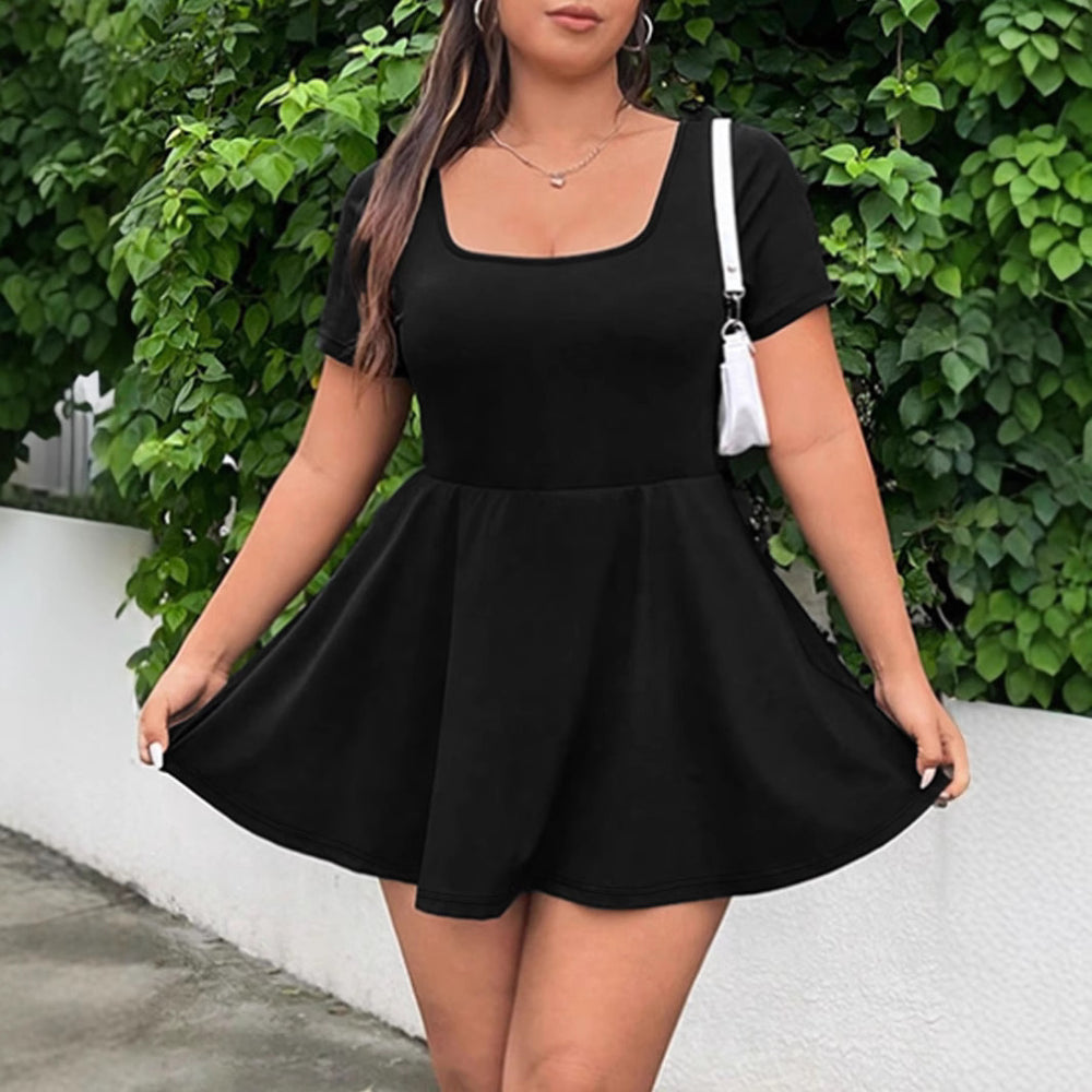 Damen Kurzarm Kleid mit geflattertem Rock und modernem Ausschnitt Heidi-Mode