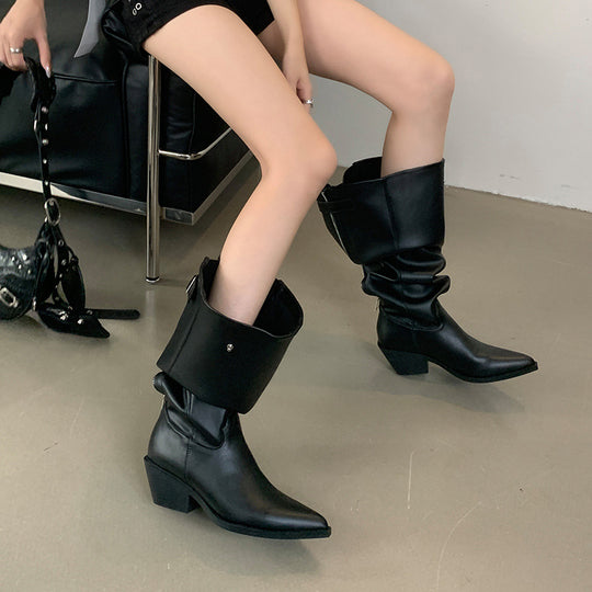 Damen Stiefeletten mit dekorativem Falten-Design und spitzem Zehen Heidi-Mode