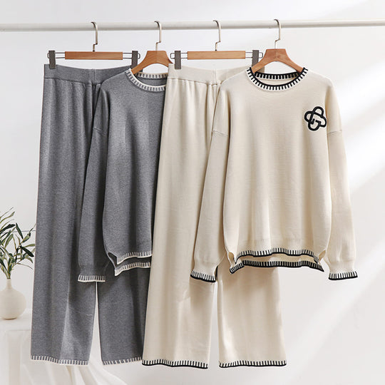 Damen lässiges Strick-Loungewear-Set mit dekorativen Kontrastdetails Heidi-Mode