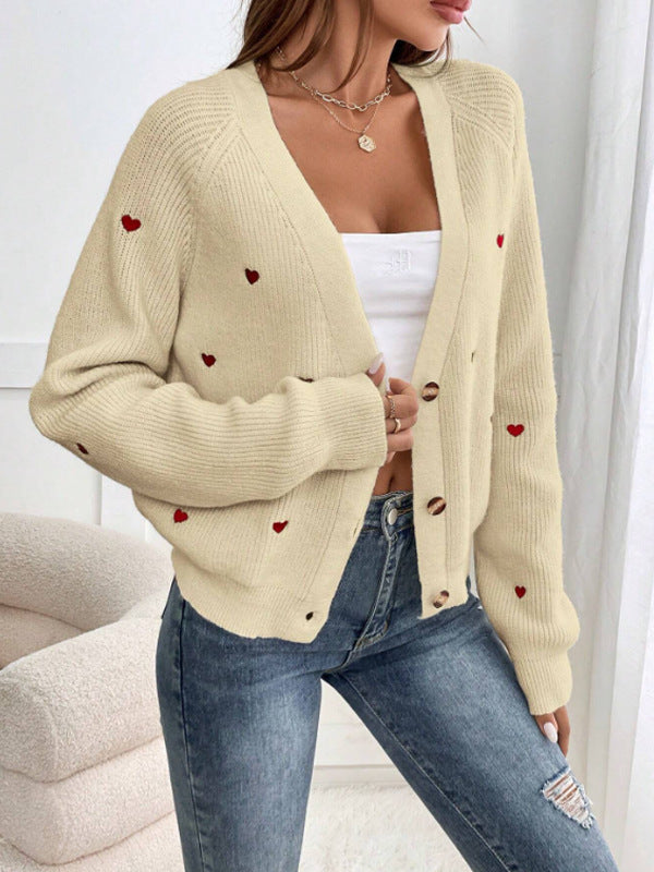 Damen Strickjacke mit Herzmotiven und Knopfverschluss Heidi-Mode