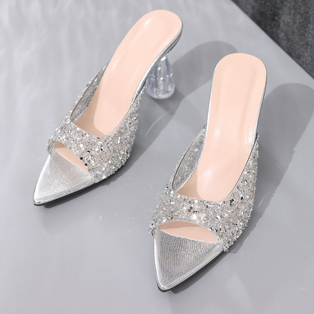 Damen Glamouröse und funkelnde High Heels mit transparentem Blockabsatz Heidi-Mode