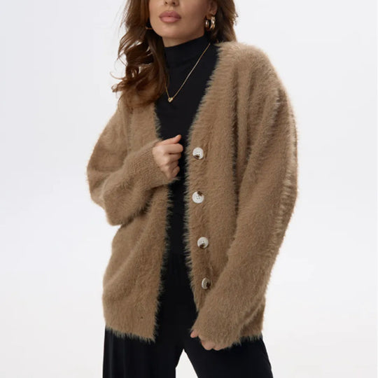 Damen Flauschiger Cardigan mit Perlknöpfen und lockerer Passform Heidi-Mode