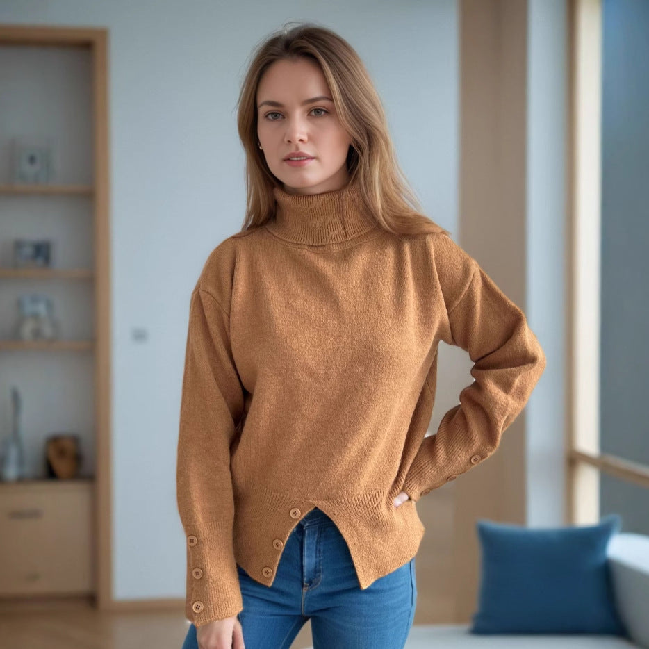 Damen modischer Rollkragenpullover mit Knopfdetails und asymmetrischem Saum Heidi-Mode