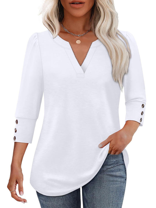 Damen V-Ausschnitt Bluse mit dekorativen Knopfdetails Heidi-Mode