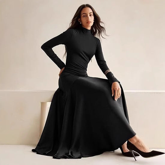 Damen Elegantes Langarm Maxikleid mit hohem Kragen und fließendem Rock Heidi-Mode