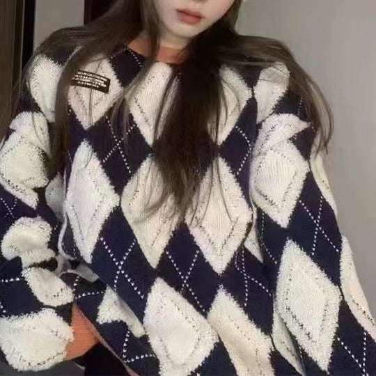 Damen Flauschiger Pullover mit modernem Rhombenmuster und lässigem Schnitt Heidi-Mode